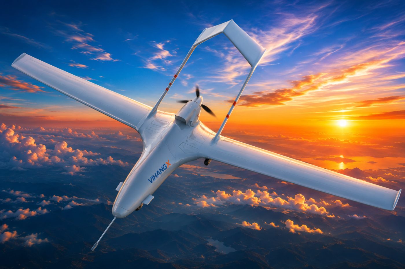 VihangX-5 blended-wing fixed-wing UAV cruising above cloud